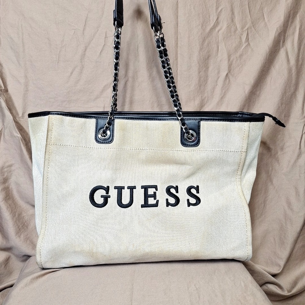 Vintage Guess Canvas Tote w Chain Handles 90s Retro Large Y2K Black Trim Metal - Picture 1 of 16